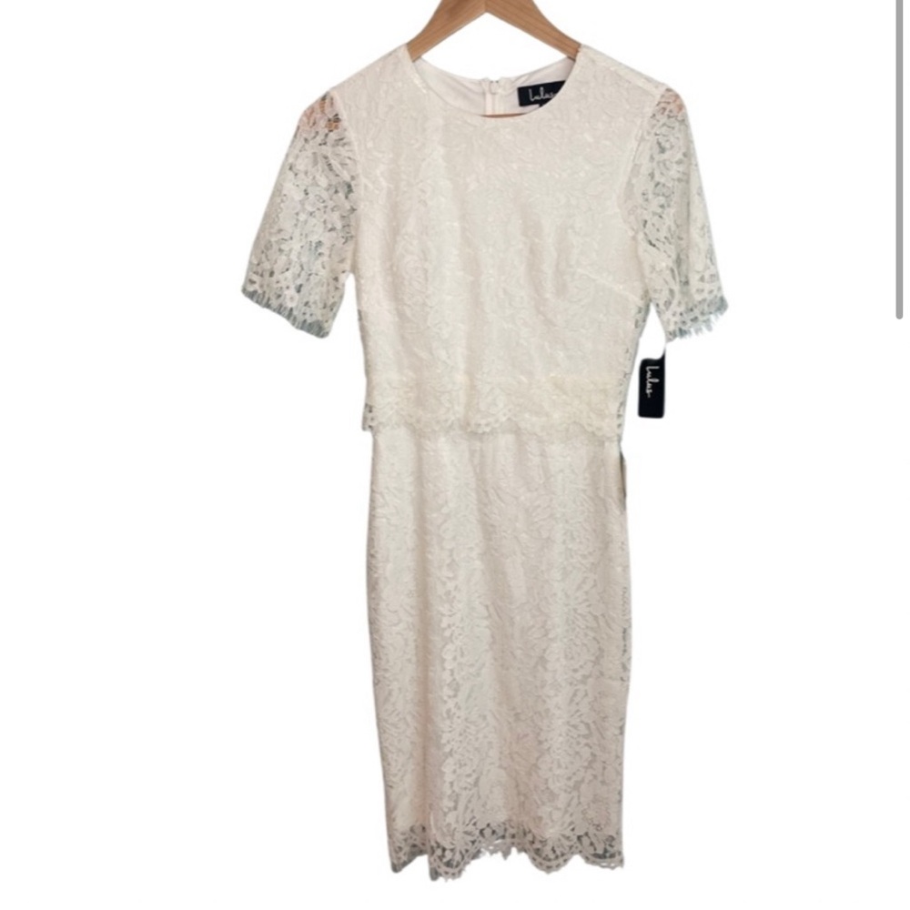 NWT Lulu’s Devotion white lace short sleeve midi dress xs